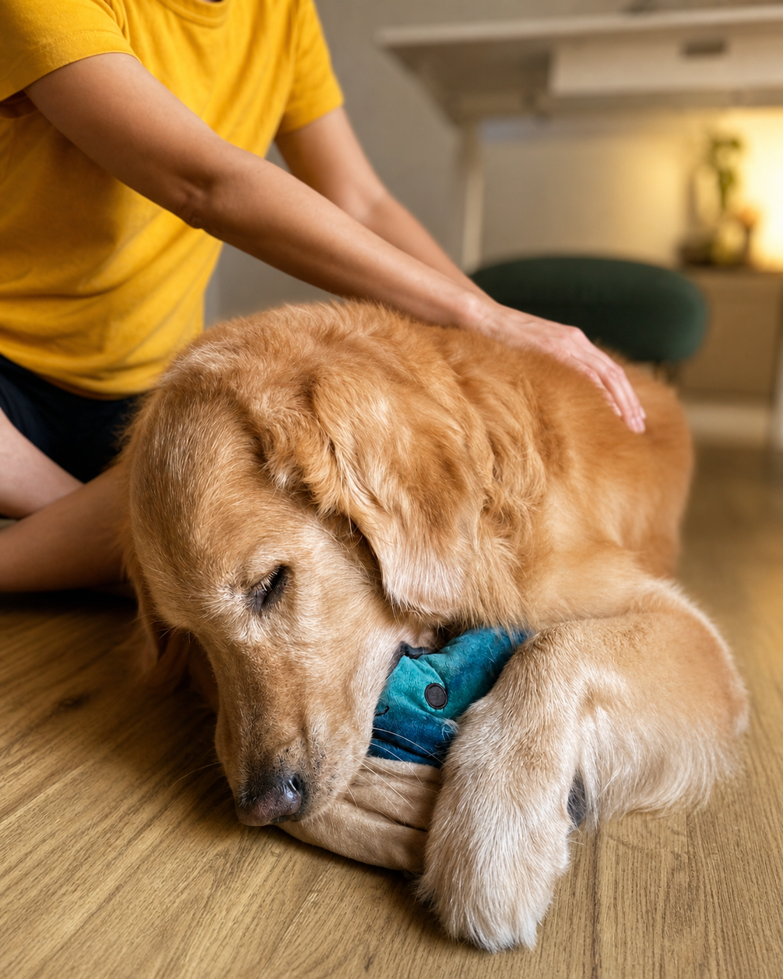 A golden retriever resting peacefully while receiving Reiki